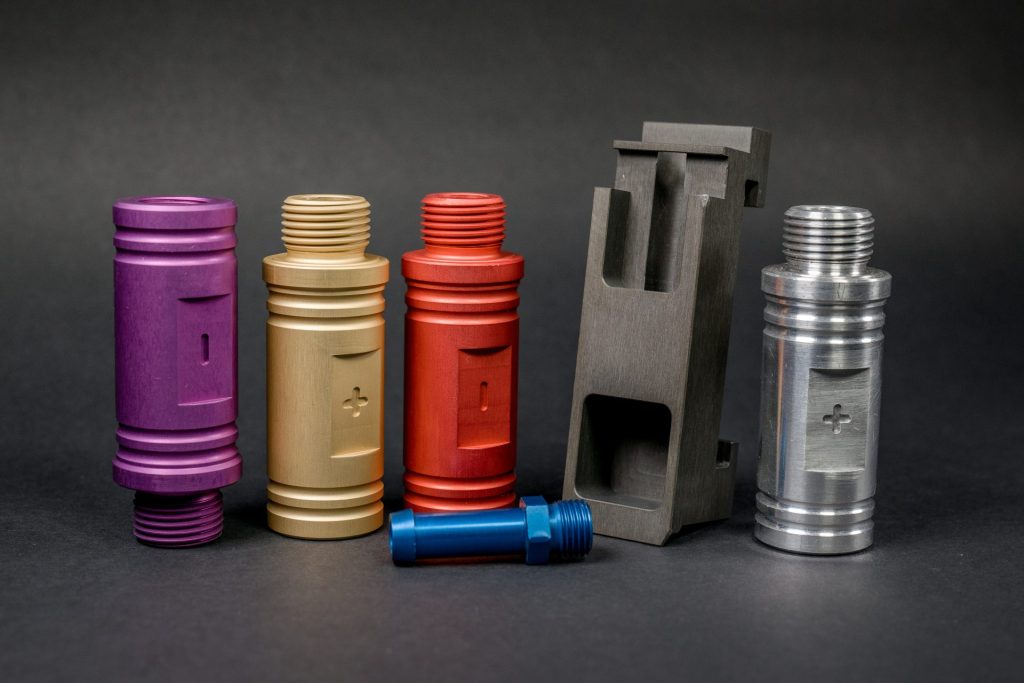 A purple, a gold, a red and a silver cylinder, a blue component and a grey profiled block against a black background.