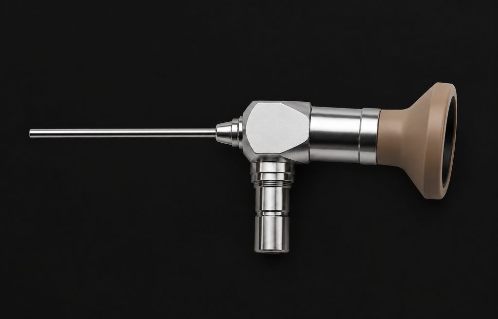 Silver endoscope with a narrow metal tube, a central block, a vertical port and a brown funnel with a black interior against the background.