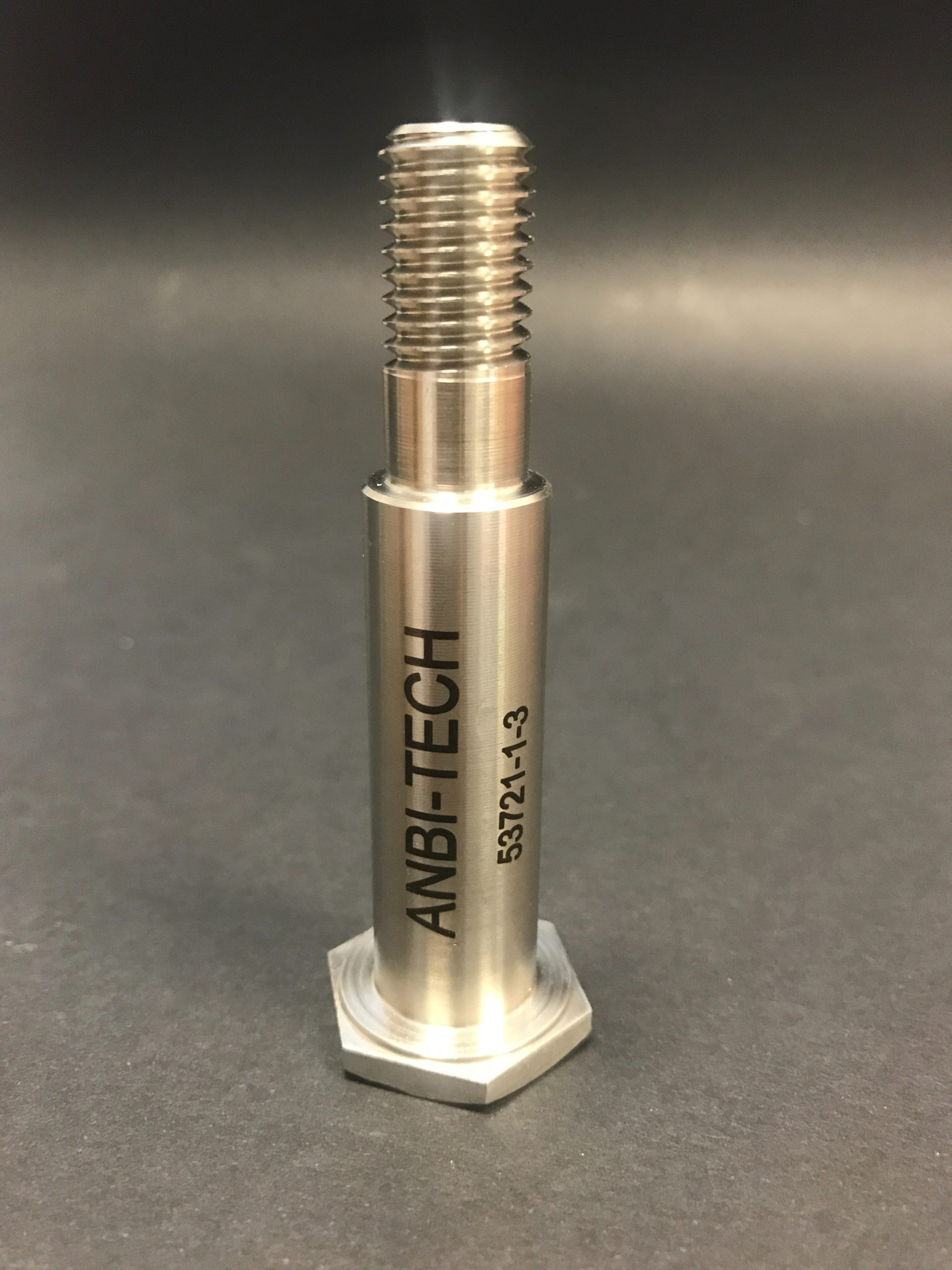 A turned metal fitted bolt with a hexagonal base, smooth body and threaded end against a dark background.